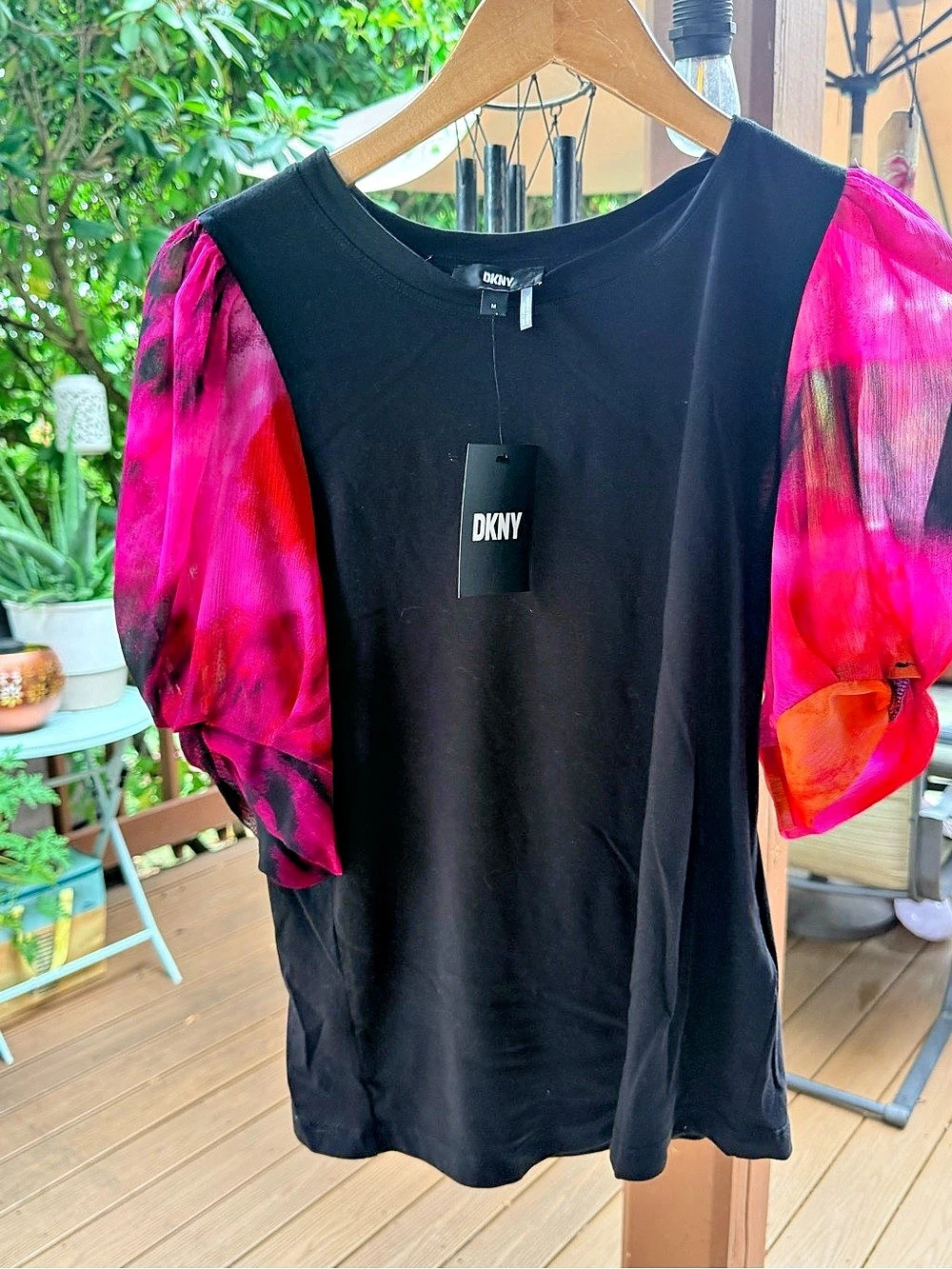 DKNY Chiffon Puff Sleeve Top in Black & Pink